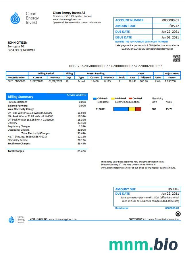 Norwegia Czysta Energia inwestuj jako szablon rachunku za media w formacie Word i PDF, dobry na dowód adresu
